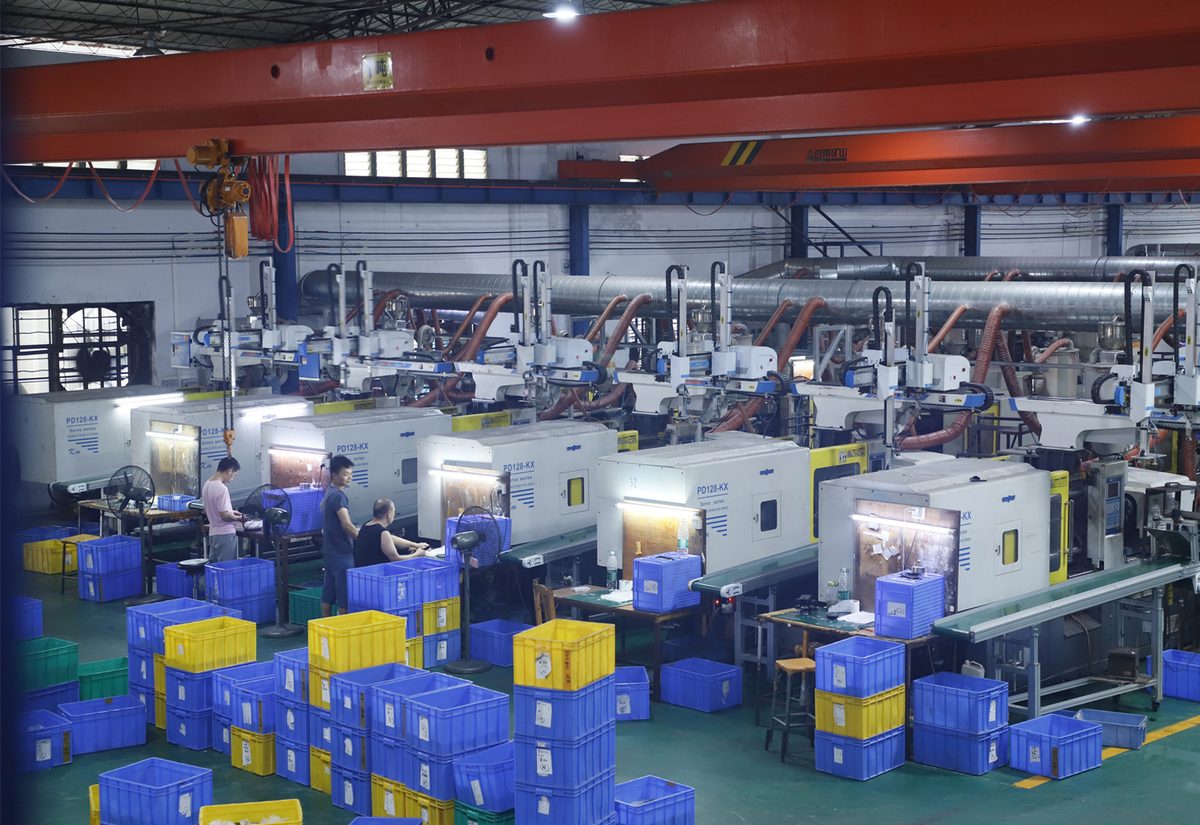 Organized workshop floor with workers